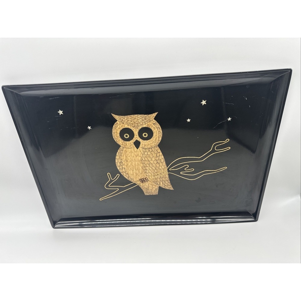 Couroc of Monterey California MCM Hand Inlaid Owl & Stars Resin Serving Tray 18"